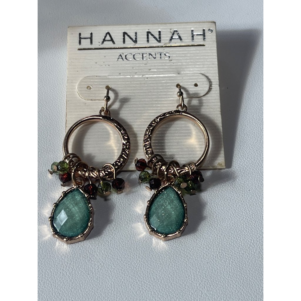 Drop Hoop Earrings By Hannah Accents Gold Tone & Green